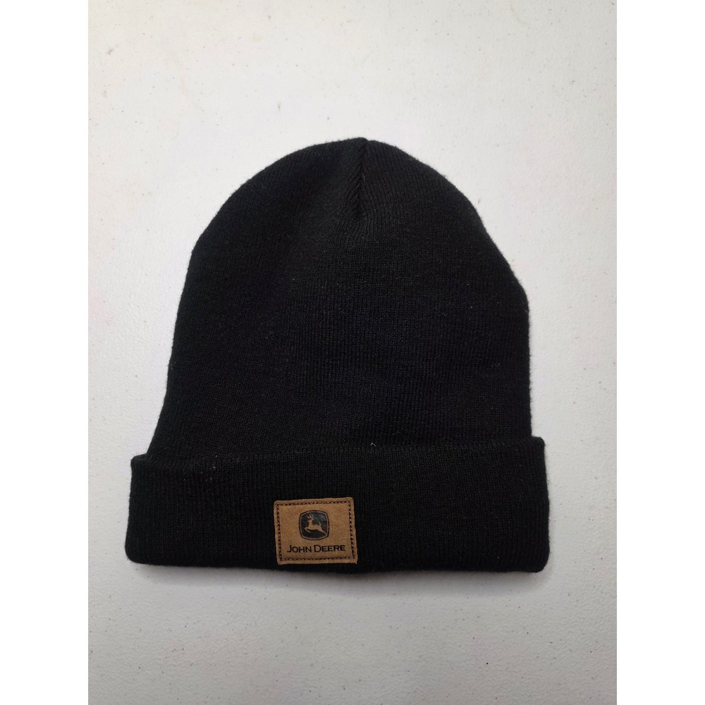 John Deere Mens Black Fleece Lined Knit Cuffed Beanie Hat Leather Logo Patch